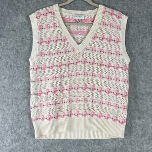 Vintage Lord & Taylor Sweater Vest Womens Medium Pink Floral Granny Cottage 80